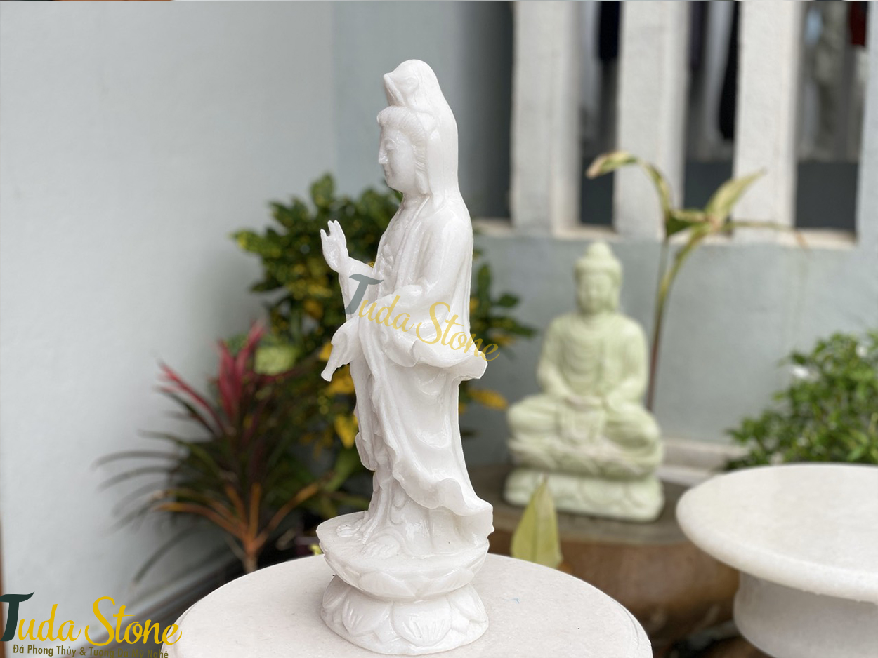 Tượng Phật Quan Âm đứng bằng Đá Cẩm Thạch Trắng (QA-01)