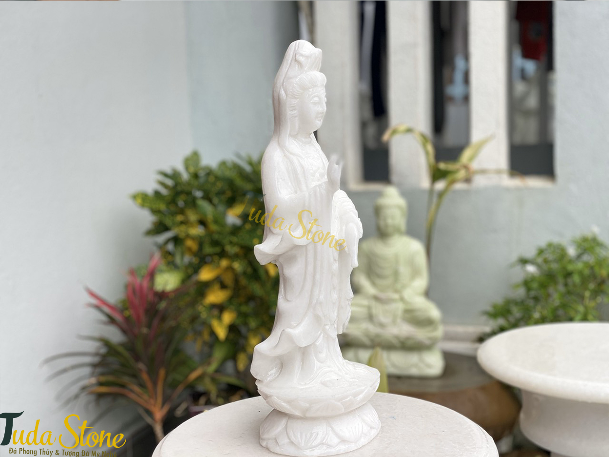 Tượng Phật Quan Âm đứng bằng Đá Cẩm Thạch Trắng (QA-01)