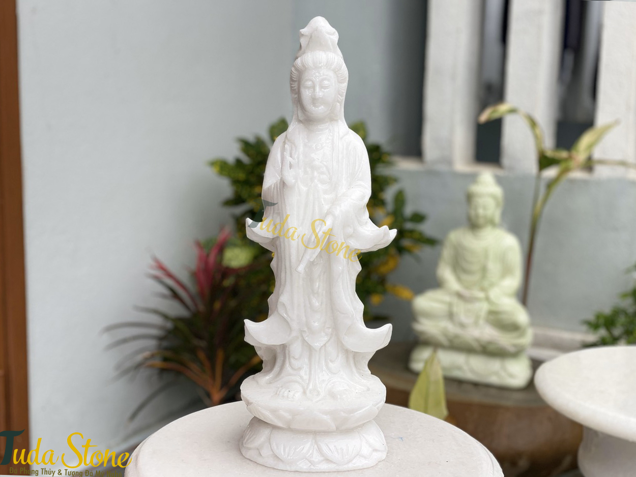 Tượng Phật Quan Âm đứng bằng Đá Cẩm Thạch Trắng (QA-01)