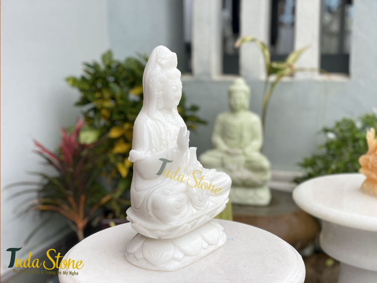 Tượng Phật Quan Âm ngồi thiền bằng Đá Cẩm Thạch Trắng (25)
