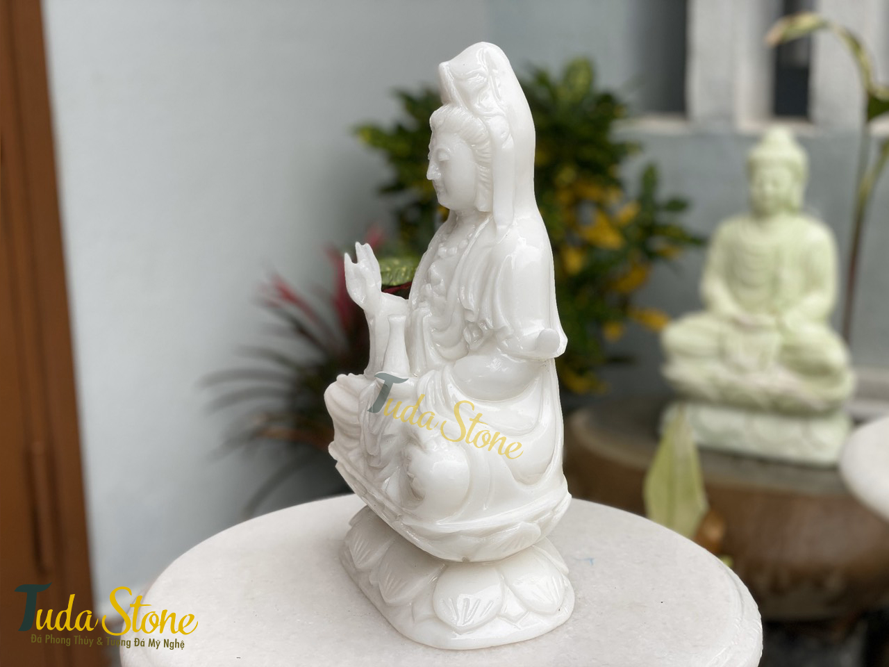 Tượng Phật Quan Âm ngồi thiền bằng Đá Cẩm Thạch Trắng (25)