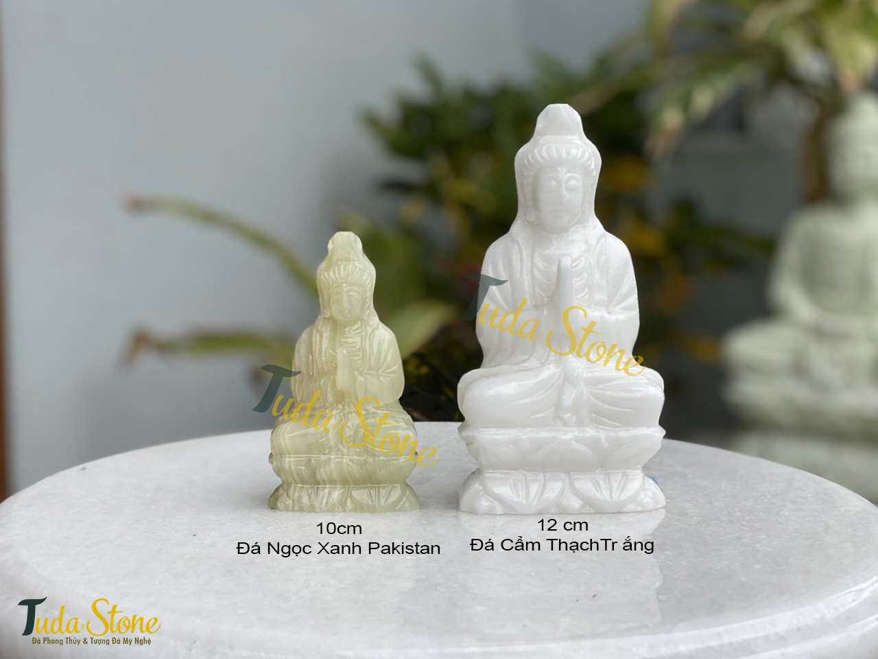 Tượng Phật Quan Âm ngồi chắp tay bằng Đá Cẩm Thạch Trắng