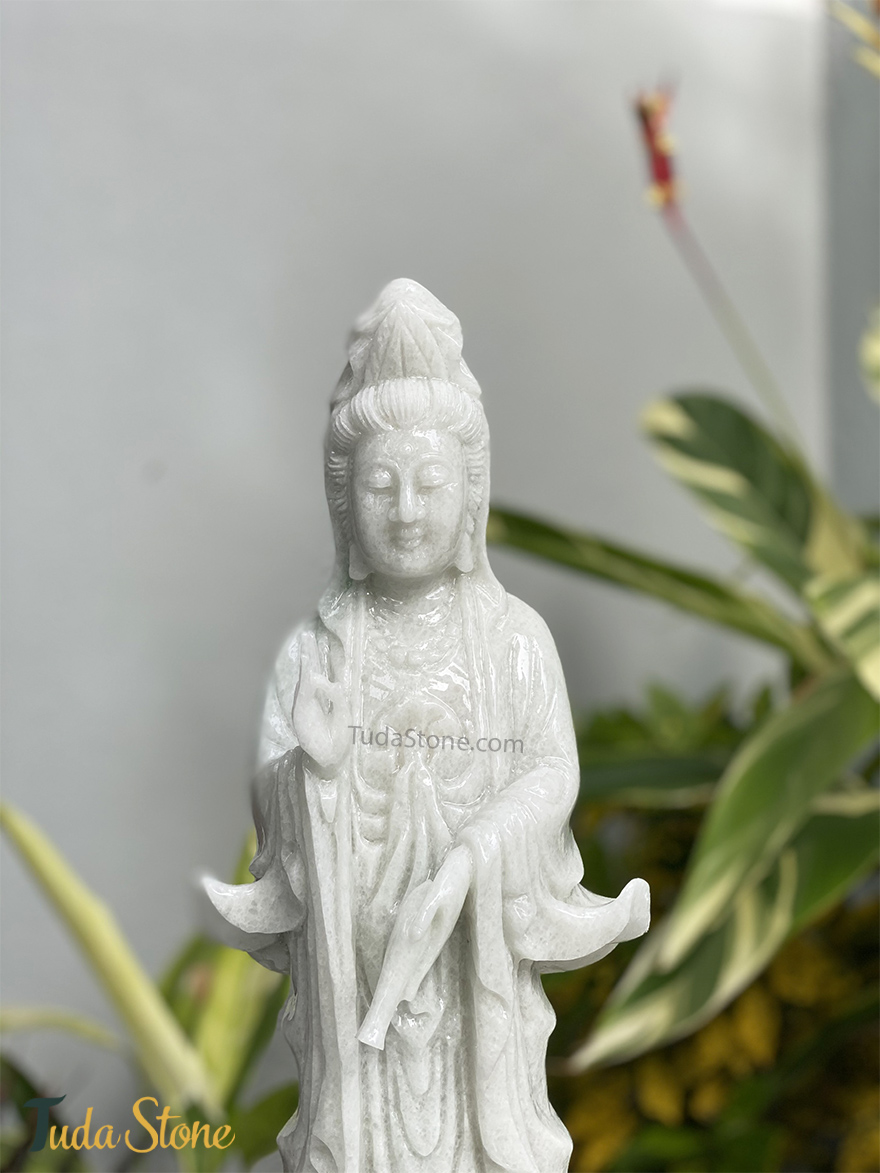 Tượng Phật Quan Âm đứng Đài Sen bằng Đá Cẩm Thạch Xanh Nhạt