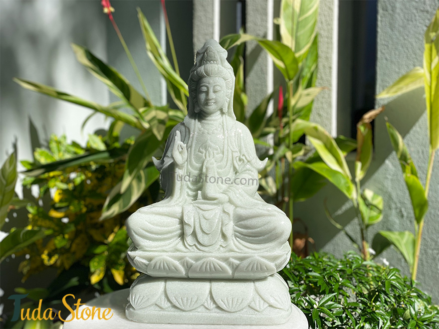 Tượng Phật Quan Âm Ngồi Đài Sen bằng Đá Cẩm Thạch Xanh Nhạt